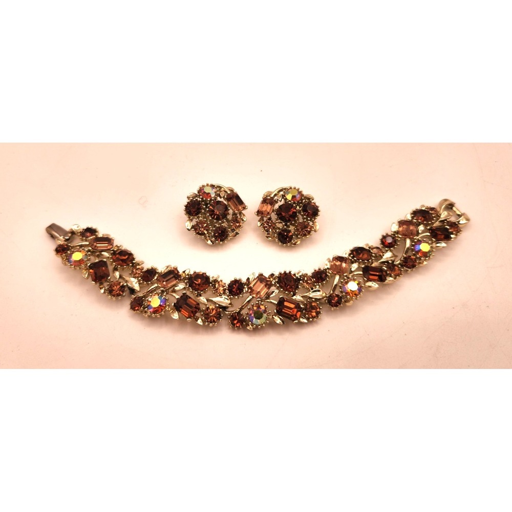 Vintage LISNER Topaz Fall Colors Iridescent Rhinestone Set Bracelet Earrings